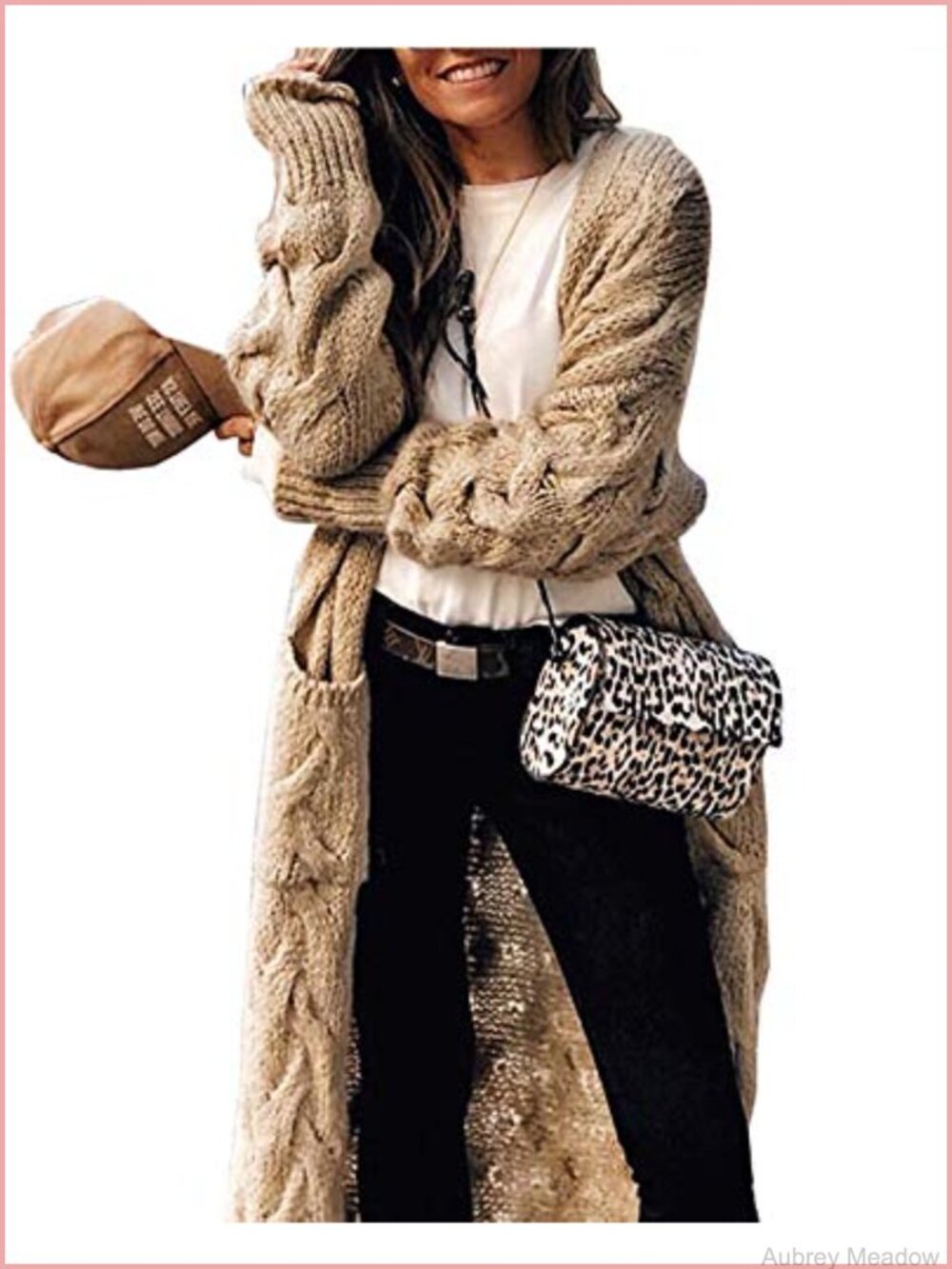 100% Acrylic Chunky Cable Knit Long Cardigan Sweater with Pockets